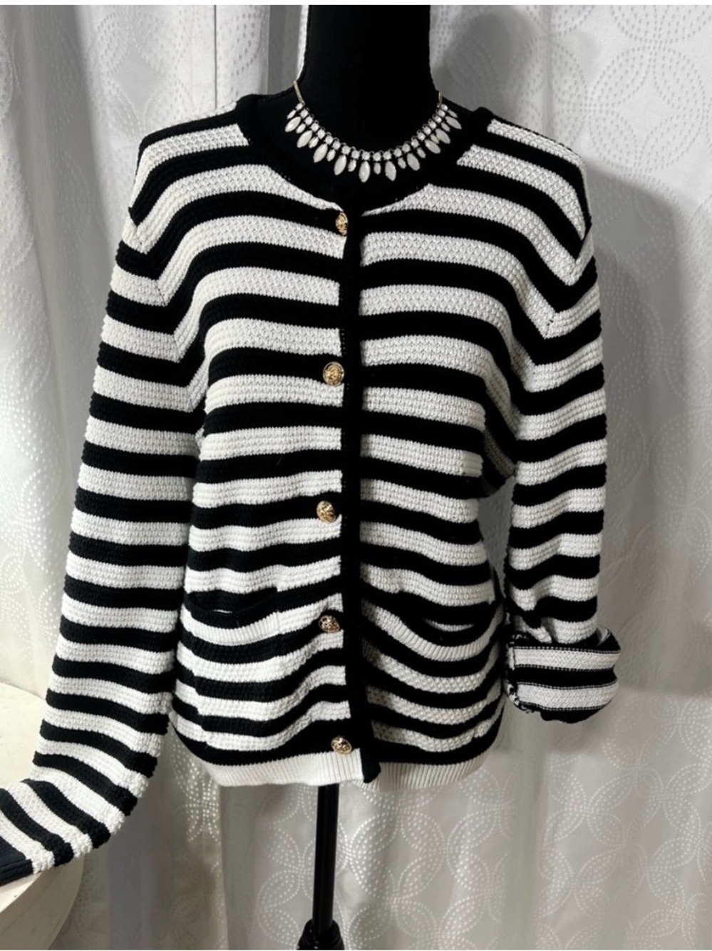 Black & White Striped Knit Cardigan Sweater